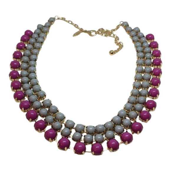 Natasha Bib Necklace Three Row Grey Pink Round Beads Gold Tone - Picture 1 of 9